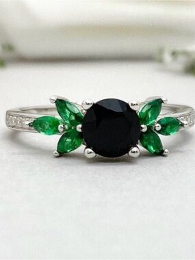Round Black CZ Emerald Green Marquise Sterling Silver Band Women’s Dainty Ring